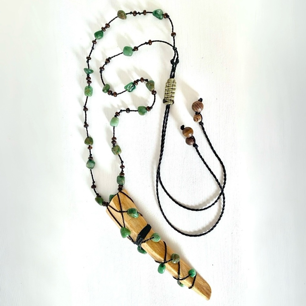 Unisex Macrame Jade Palo Santo Necklace. Men/Women. Handmade by me.